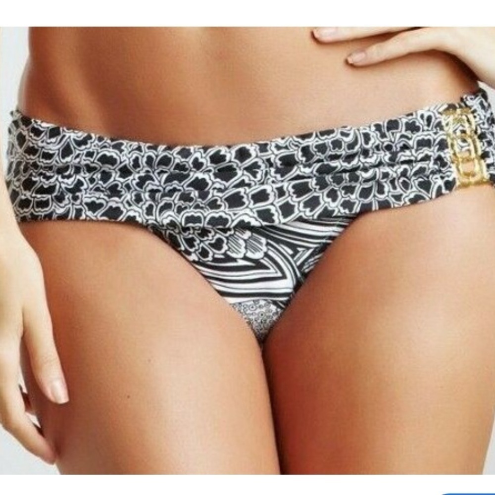 Trina Turk black and white shell bikini bottom gold medallion